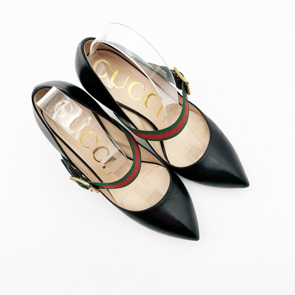 GUCCI Sylvie Black Leather Heels Size 37 US 7 Web Mary Jane Buckle Strap - Picture 4 of 13